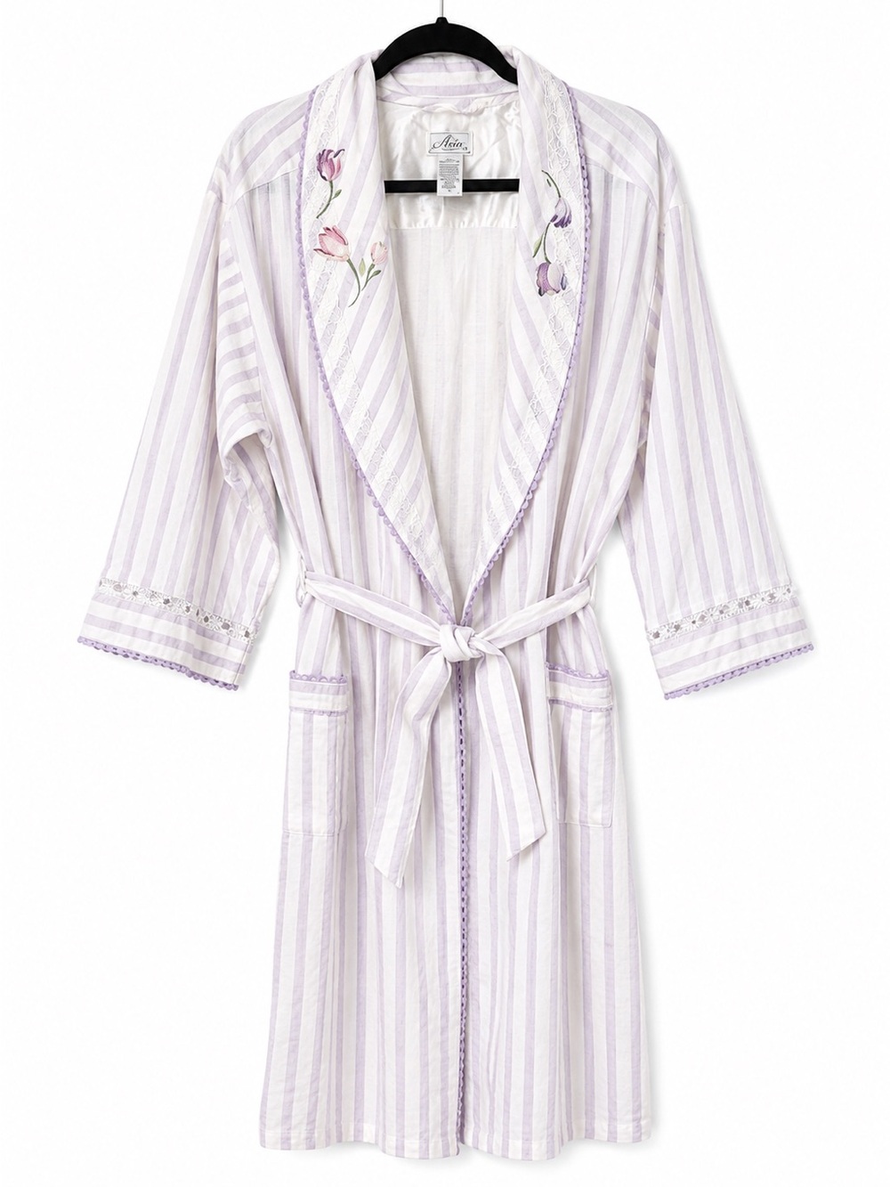 Aria White Lavender Stripe Floral Embroidered 100% Cotton Lace Robe Housecoat L